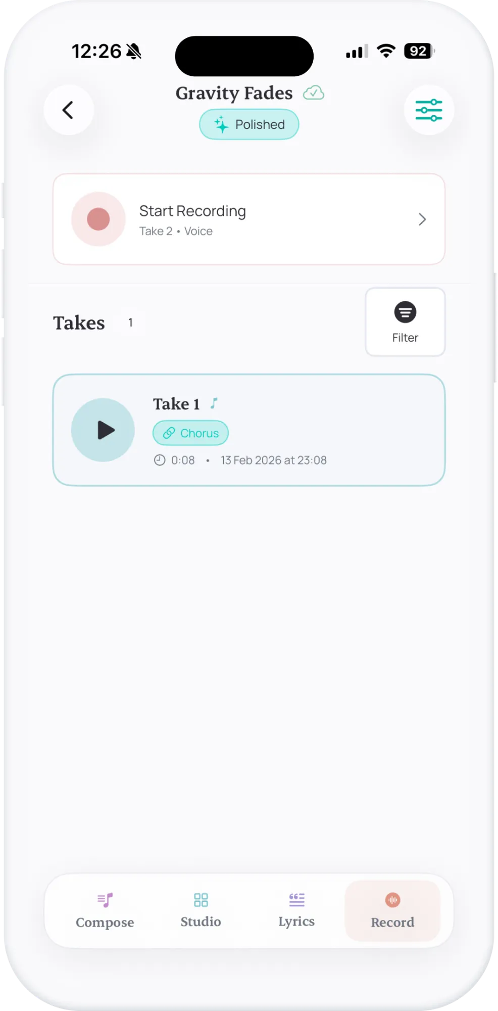 Suonote recording workspace showing quick take capture for songwriting ideas