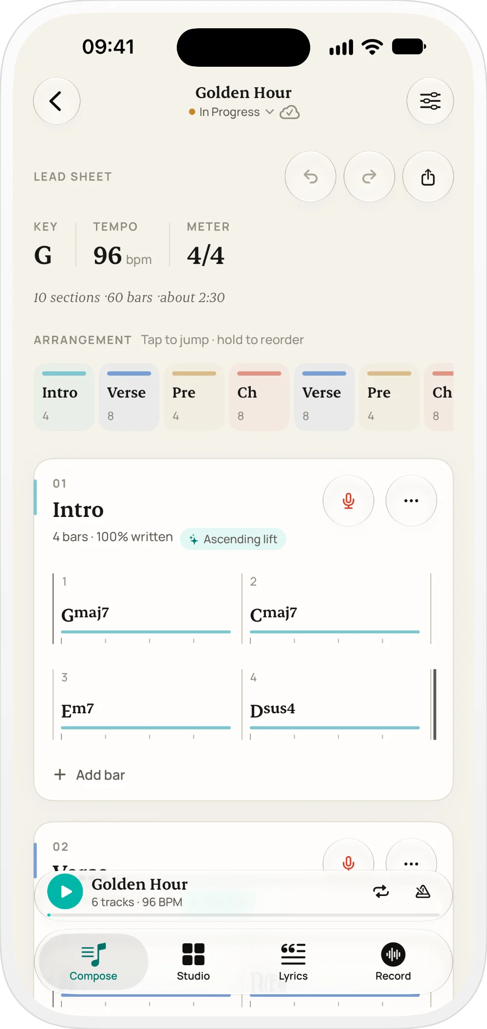 Suonote compose screen showing song sections and chords bar by bar