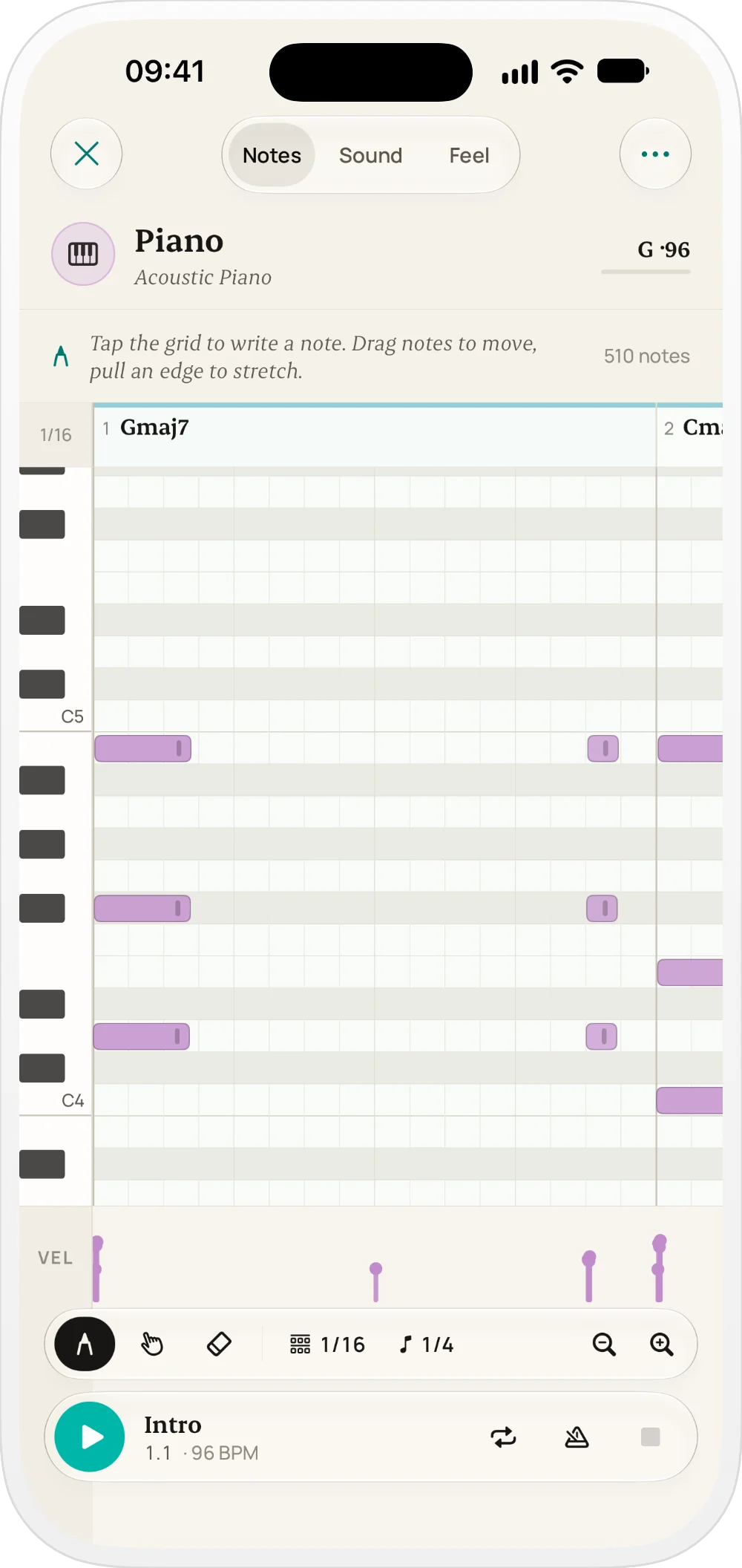 Suonote piano roll with the piano part of the song