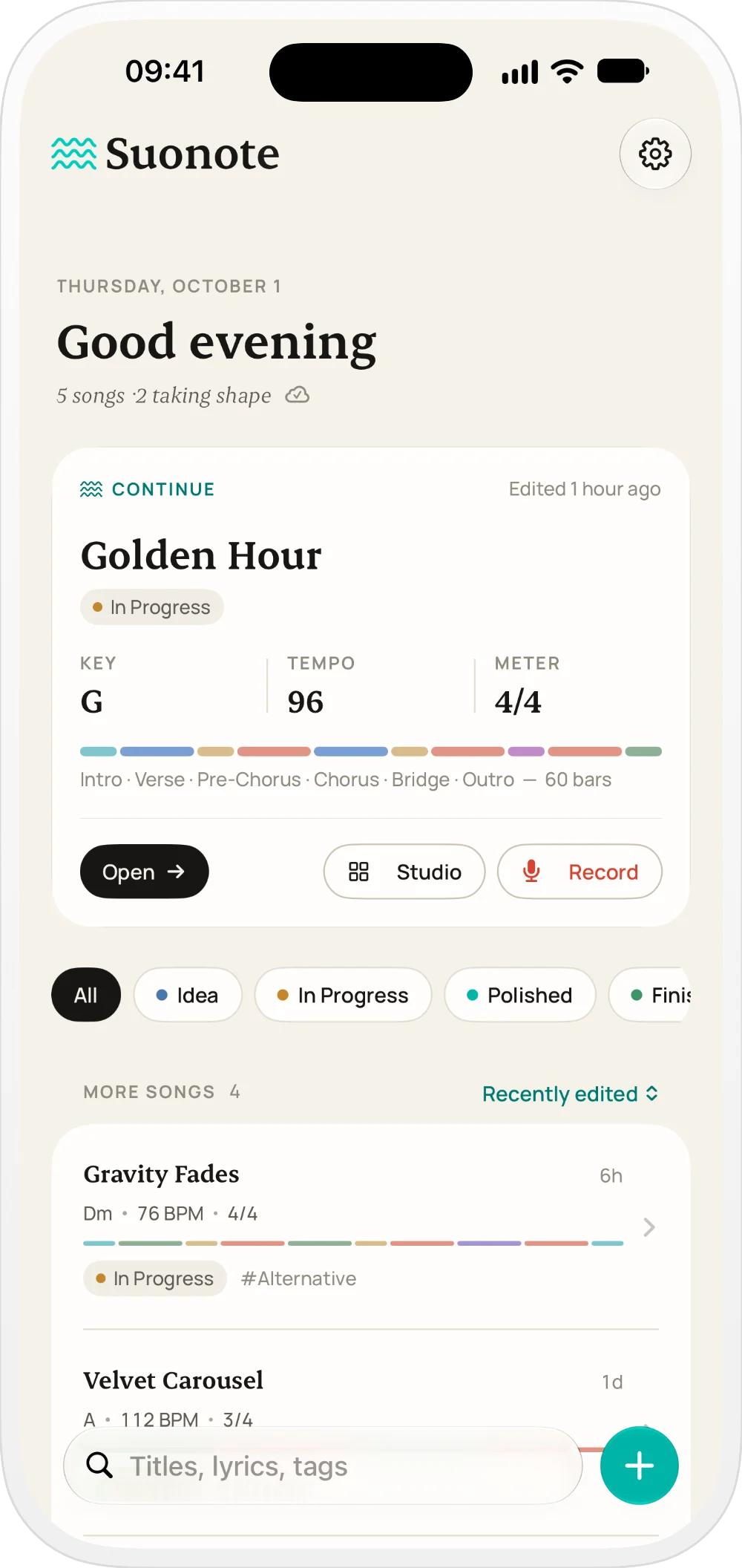 Suonote iOS songwriting app home screen with the song you're working on and your idea library