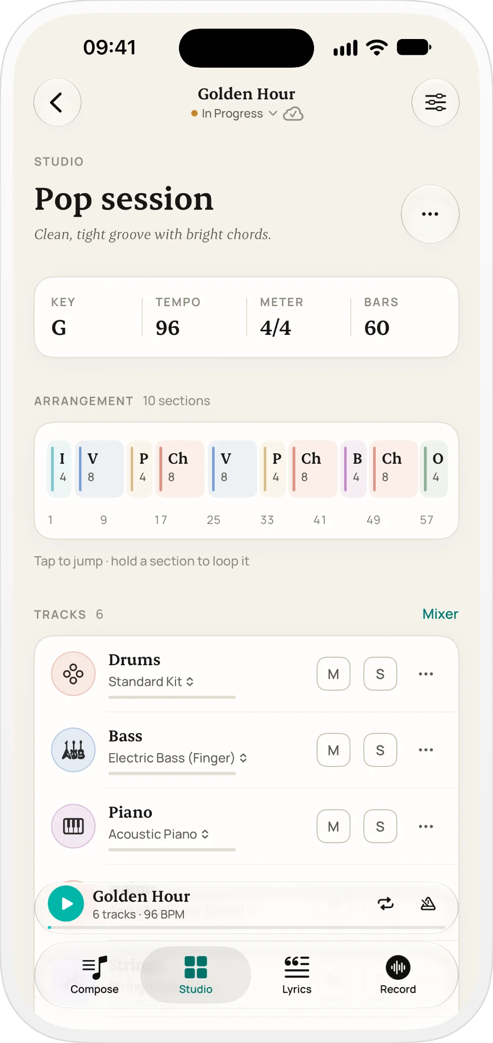 Suonote Studio with drums, bass and piano tracks following the song's sections